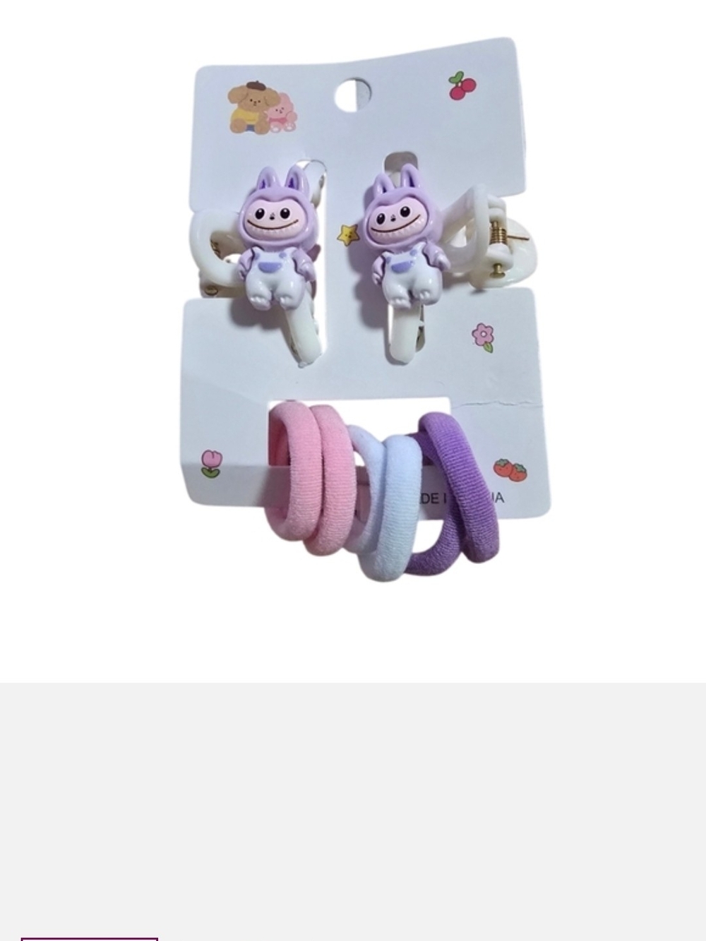 Labubu Cute Purple Bunny Hair Clips and Pastel Elastic Bands Set for Kids